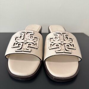 Tory Burch Block Heel Slide Sandals Creme White Brown Size US 7M